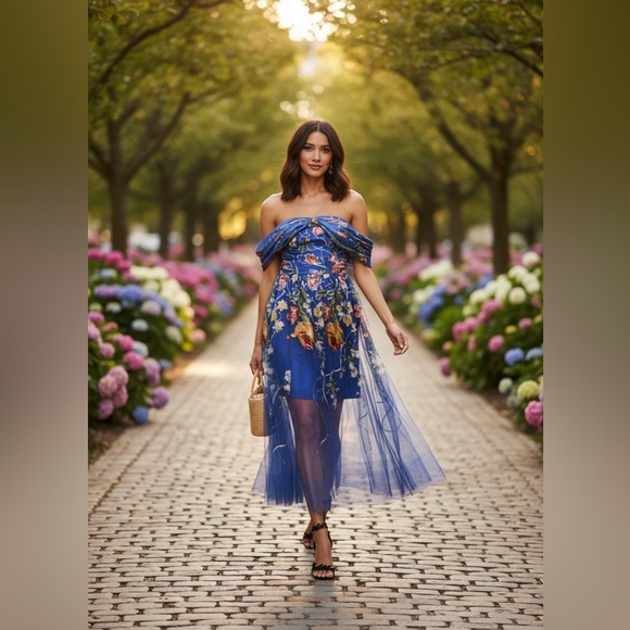 Marchesa Notte Embroidered Strapless Tulle Cocktail Dress Size 6 - Picture 4 of 10